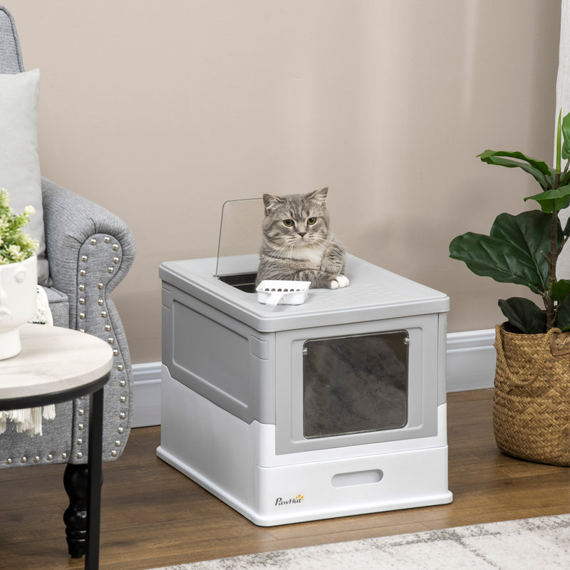 PawHut Fully Enclosed Cat Litter Box with Scoop, Hooded Cat Litter House with Drawer Type Tray, Foldable Smell Proof Cat Potty with Front Entry, Top Exit, Portable Pet Toilet with Large Space, Grey
