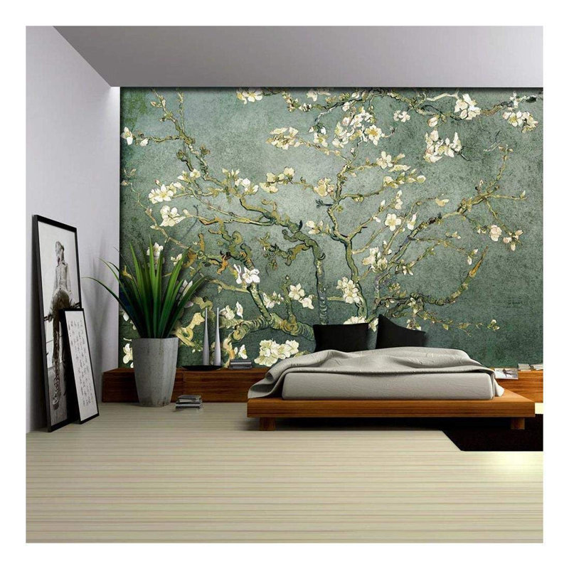 Almond Blossom Vincent Van Gogh, Floral Mural, Vintage Boho Removable Contact Paper, 144" W x 100" L, Vert grisâtre