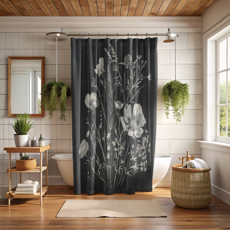 Rideau de douche standard 1 pièce Black White Flower Designs, H 74 po x l 71 po