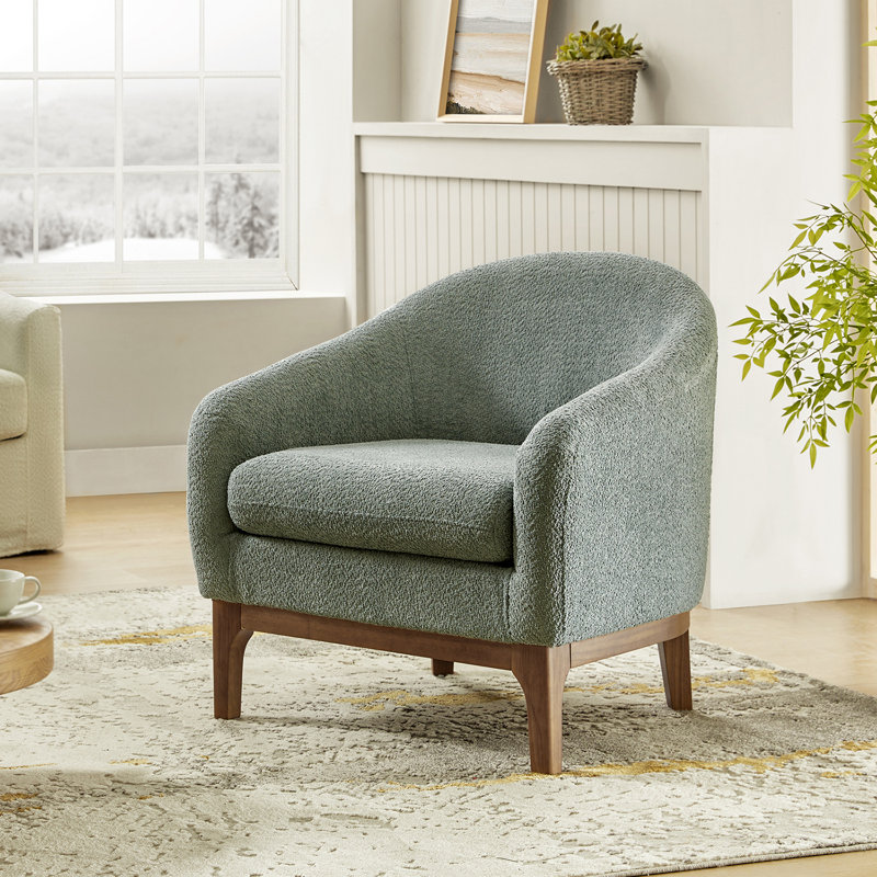 Berklie Modern Boucle Barrel Chair with Solid Wood Legs, Sage Wool