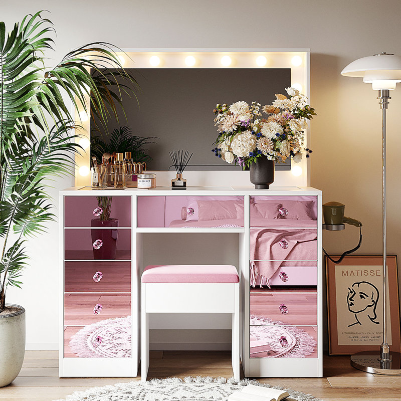Ensemble de bureau de maquillage rose avec ampoules Hollywood, plateau en verre, 11 tiroirs et tabouret rembourré | Idée de cadeau