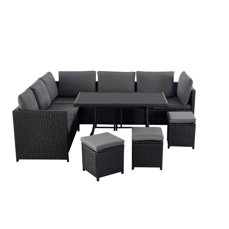 Esteven 9 Seater Rattan Corner Sofa Set, Grey, Black