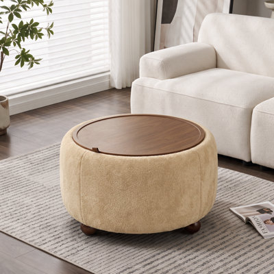 Round Storage Ottoman Upholstered Coffee Table With Removable Tray