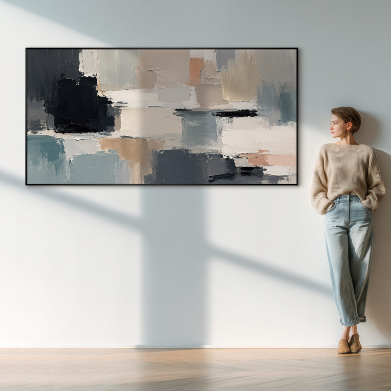 Très grand art mural imprimé sur tissu - Composition abstraite de blocs de couleurs bleus, décor de bureau contemporain - "Assemblage requis du cadre (cadre non fini)"