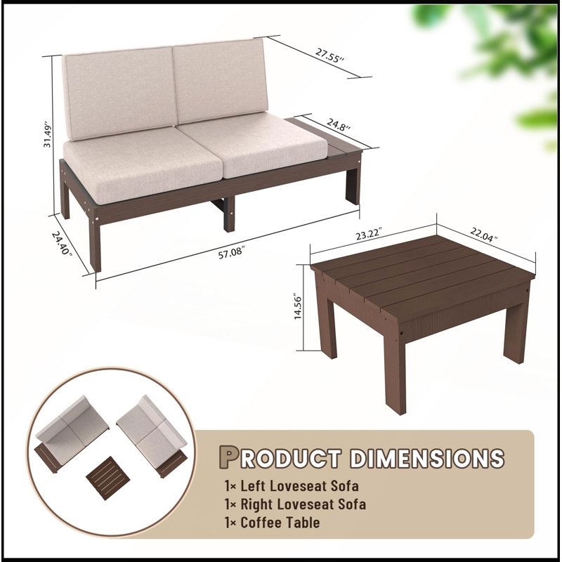 Ensemble de canapés d'extérieur en PEHD 3 pièces, canapés avec accoudoirs gauche et droit, sièges modulaires rembourrés, table basse, jardin