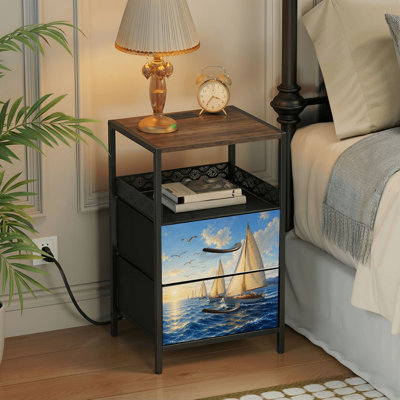 Table de chevet 2 tiroirs avec station de charge, table de chevet pour chambre avec ports USB et amp; Table de chevet noire Outlets