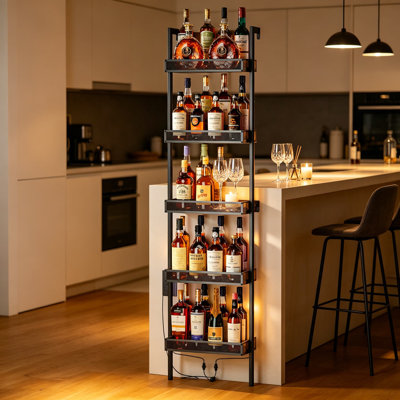Freestanding Wine Rack With LED Lights For 50 Bottles, Tall Metal And Wood Storage Shelf With Protective Fences For Kitchen, Bar, Or Dining Room
