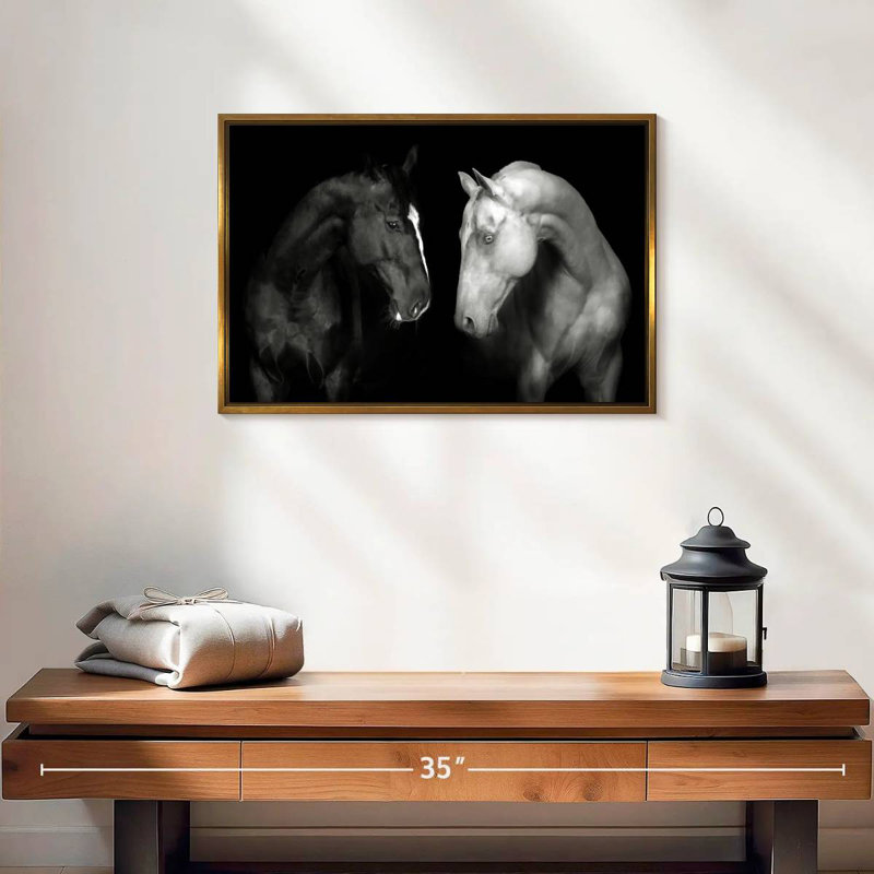 Chevaux monochromes, 19 po x 13 po, Cadre flottant doré