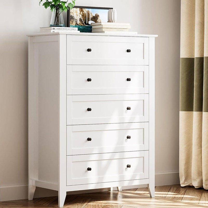 Commode 5 tiroirs pour chambre à coucher, Blanc