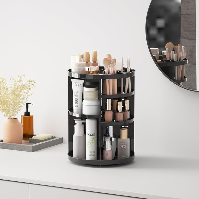 Organisateur de maquillage rotatif à 360 degrés avec 8 couches réglables, tour de carrousel de rangement pour les soins de la peau, comprend un porte-brosse et des plateaux de parfum, une vitrine de maquillage pour meuble-lavabo ou salle de bain
