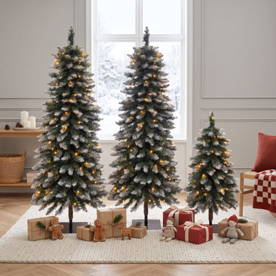 Ensemble de 3 arbres de Noël artificiels avec lumières à DEL blanches chaudes et bases en métal pour décoration intérieure des Fêtes