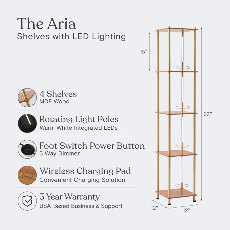 Aria Brass Finish LED Floor Lamp with Wireless Charging & Adjustable Shelves