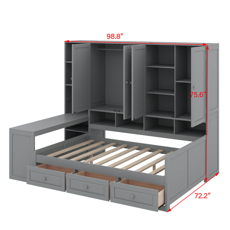 Bed with 4 Drawers, Gray
