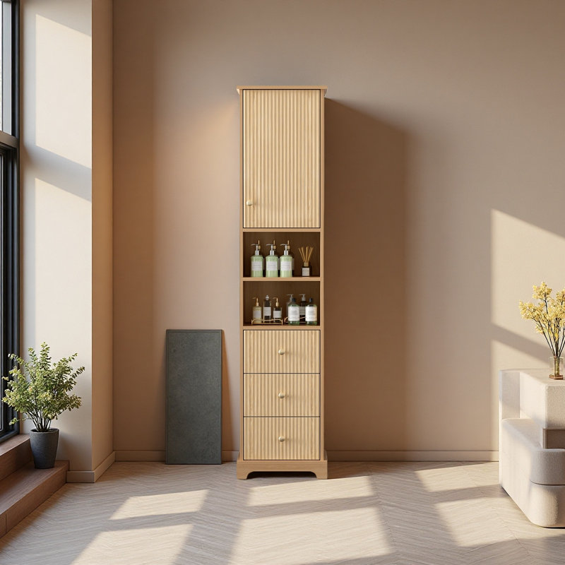 Armoire de salle de bain autoportante de 67,7 po de hauteur, style américain traditionnel, 1 porte avec tablette réglable, 3 tiroirs, rangement ouvert