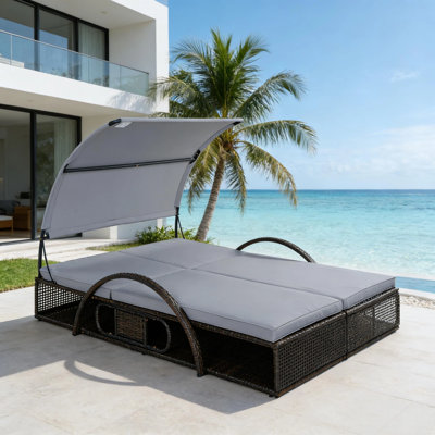 Double Outdoor Chaise Lounge Daybed With Canopy, 5-Position Adjustable Reclining Backrest With Hidden Side Table And Arched Armrests