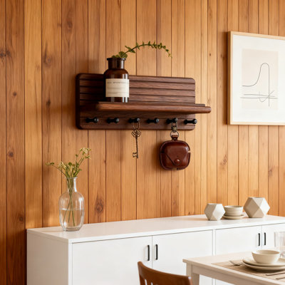 Farmhouse Key Holder With Floating Shelf, Rustic Pine Wood Wall Organizer With 6 Hooks For Entryway, Living Room, And Bedroom Decor