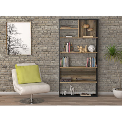 Modern Industrial Bookshelf, 5 Shelf Design, 35.4 x 70.9 x 9.8 Inches | 100% Chipboard with MDF Frame, Wall-Mountable, Black & Atlantic Pine Finish | Stylish Geometric Storage for Home & Office Decor