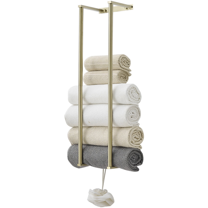 Wall Mounted Bathroom Organizer Bath Towel Holder For Rolled Towels Modern Small Space Bathroom Towel Storage, Brushed Gold