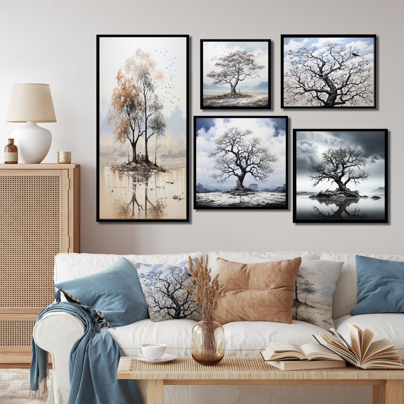 Subtile élégance de l'arbre monochrome I - ensemble de 5 impressions sur toile monochromes, Cadre flottant noir