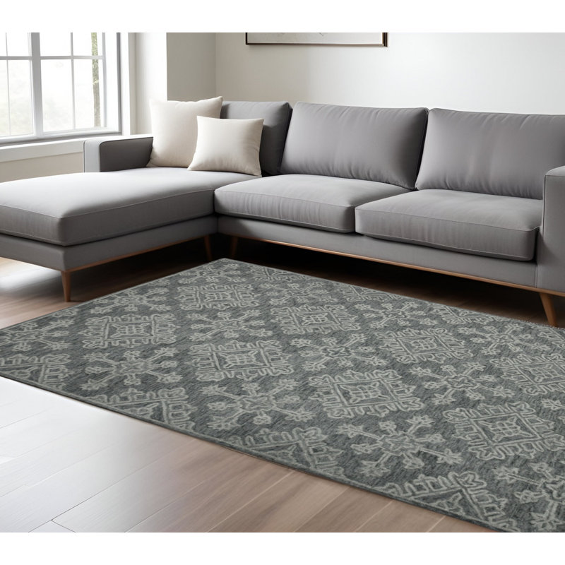 Tapis oriental crocheté à la main 8 pi x 11 pi graphite et gris en laine