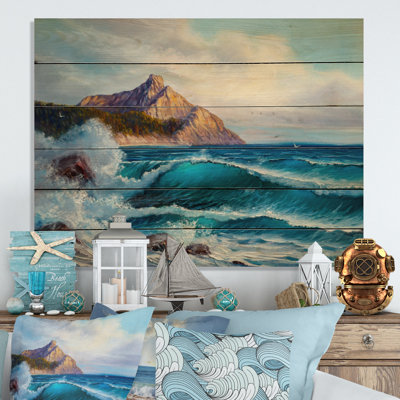 «Beautiful Blue Ocean Sunset and Waves II», impression sur bois sans cadre