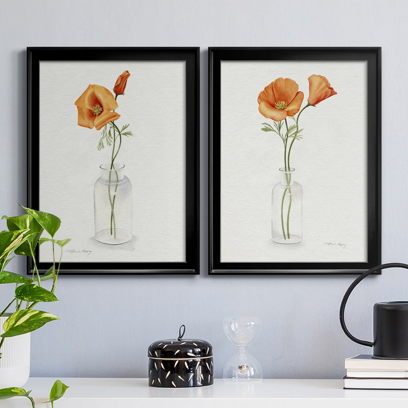«California Poppy Vase I», reproduction encadrée de qualité supérieure - prête à être accrochée, Cadre noir