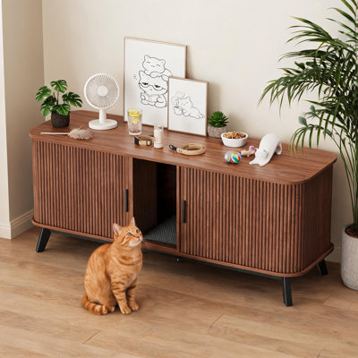 Meuble de litière pour chat pour 2 chats, Meuble de litière caché 59 "| avec porte coulissante et tapis de litière pour chat, meuble pour litière pour chat, table d'appoint en bois pour meuble télé