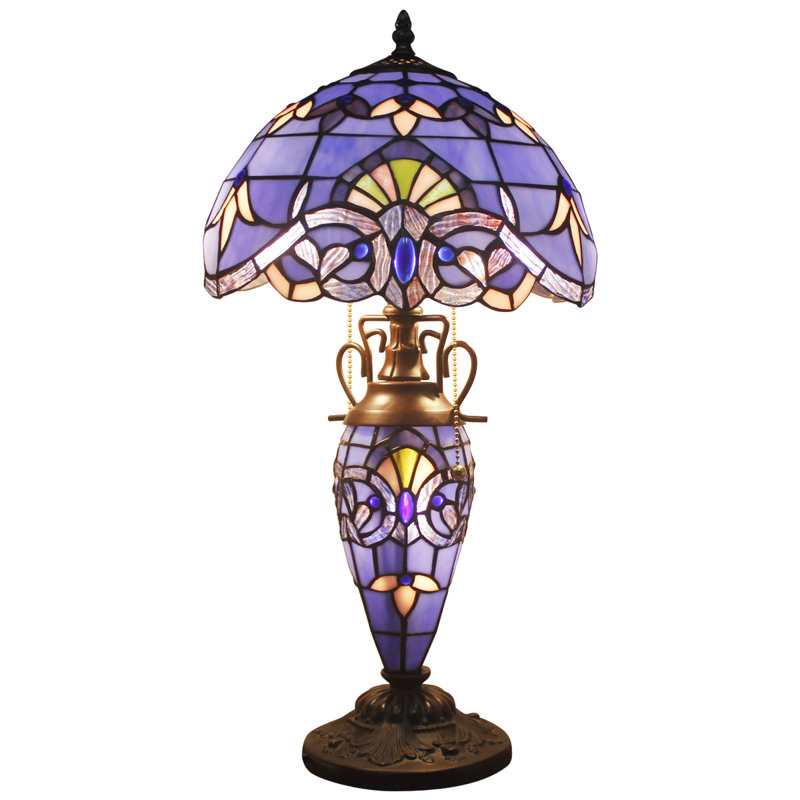 Lavender Blue Stained Glass Table Lamp with Pull Chain