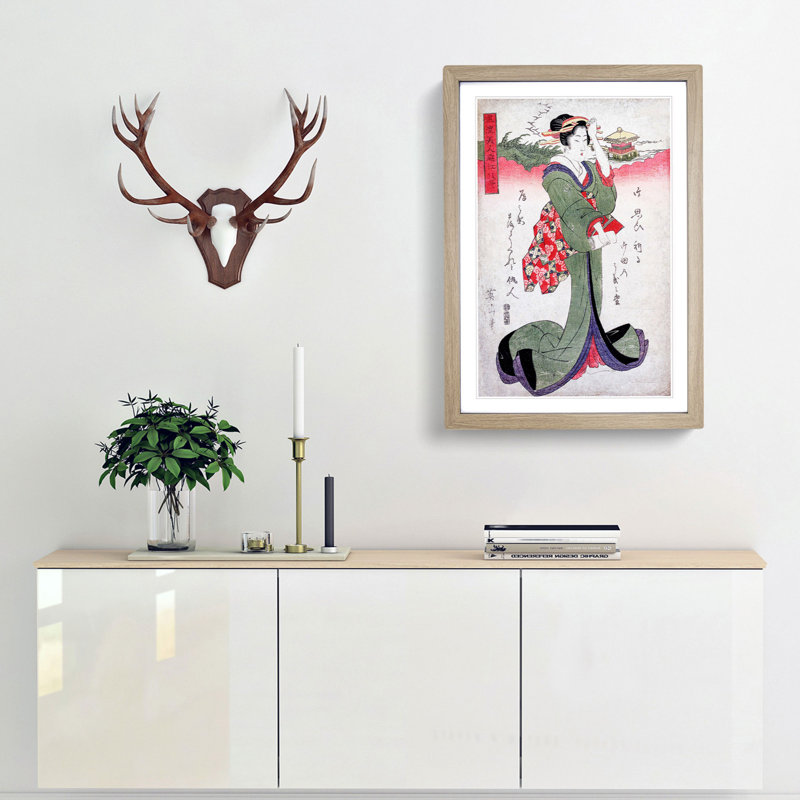 Elegant Woman by Kikukawa Eizan - Framed Print, 36cm H x 27cm W x 2cm D, Oak Framed