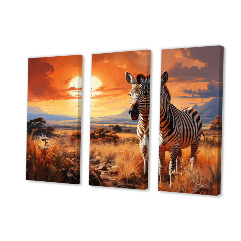 Zèbre sur une vaste prairie II sur toile, 3 pièces, H 28 po x l 36 po x P 1 po