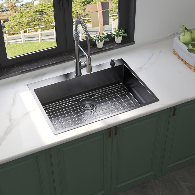 30X22 Inch Drop In Topmount 18 Gauge Stainless Steel Single Bowl Kitchen Sink With Pull Out Faucet, Matt Black