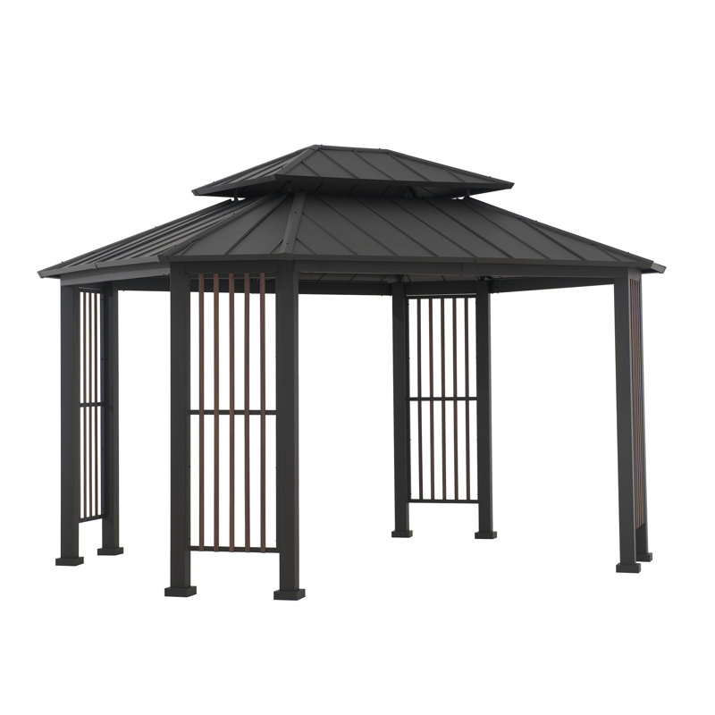 Pavillon de jardin d'extérieur à toit rigide en acier à 2 niveaux 11 pi x 13 pi avec double rails et crochets de plafond Sunjoy