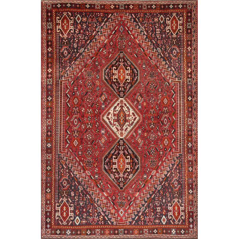 Tapis traditionnel rouge / beige / noir, Rectangle 5 pi x 7 pi