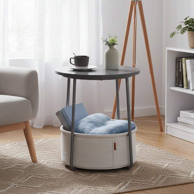  Table de bout ronde de 18 po avec panier de rangement en tissu, table de chevet moderne pour petits espaces, Gris