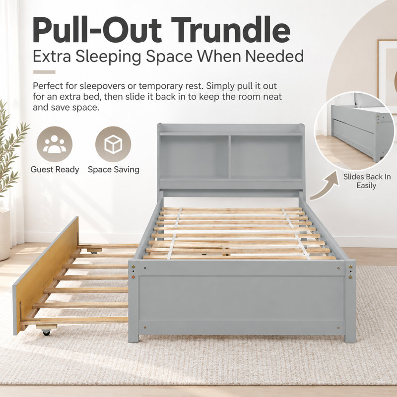 Lit simple pour enfant en bois massif avec tête de lit bibliothèque et lit gigogne simple, Grey