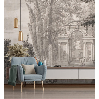 Panneau mural de jardin gris gravé classique | Papier peint paysage de fontaine rétro noir et blanc | Non-tissé ou pelez et collez