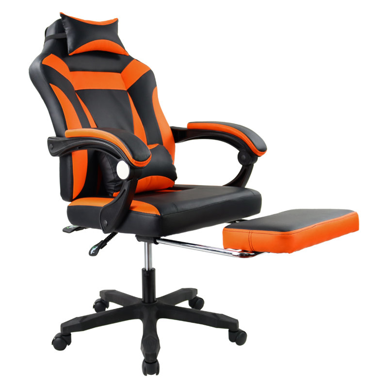 Inbox Zero Adjustable Reclining Ergonomic Faux Leather Swiveling PC & Racing Game Chair with Footrest, Orange