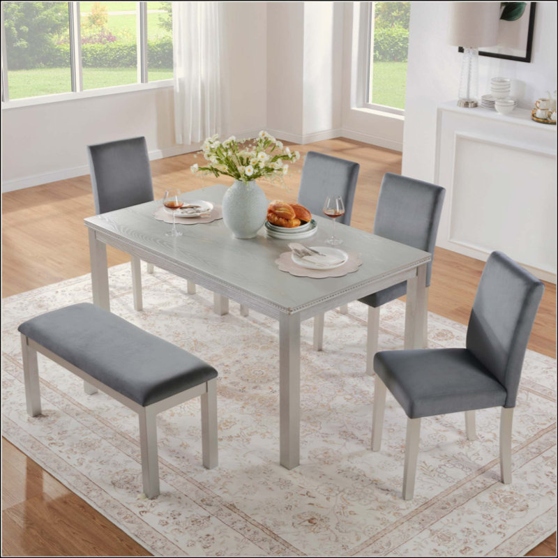 Ensemble de table de salle à manger 6 pièces en bois, table de salle à manger en bois avec 4 chaises rembourrées et banc pour 6 personnes, ensemble de table de salle à manger rectangulaire avec décoration en cristal pour la cuisine, la salle à manger