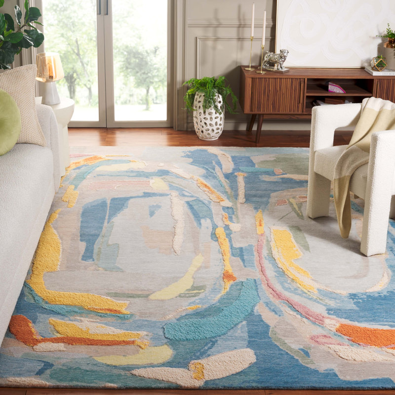 Tapis abstrait en laine / soie / coton noué à la main Saint Tropez en jaune / bleu / rose, Rectangle 8 pi x 10 pi