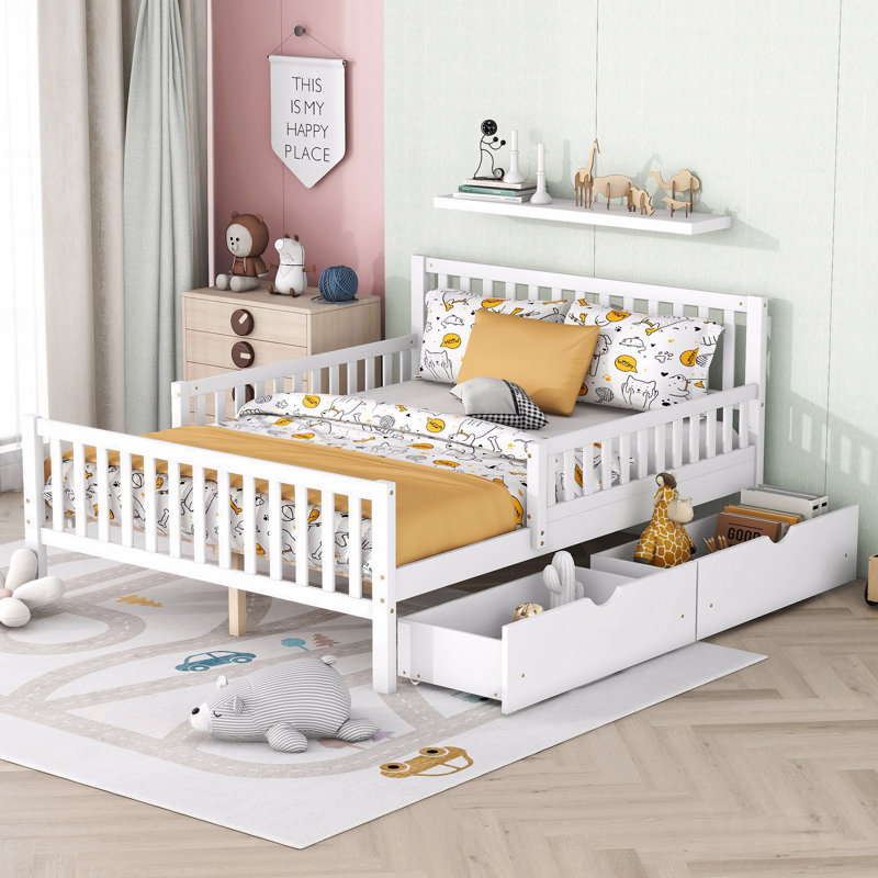 Full Size Wooden Frame Material Platform Bed Frame With Guardrails On Both Sides And Two With Storage Function Drawers,In White Finish