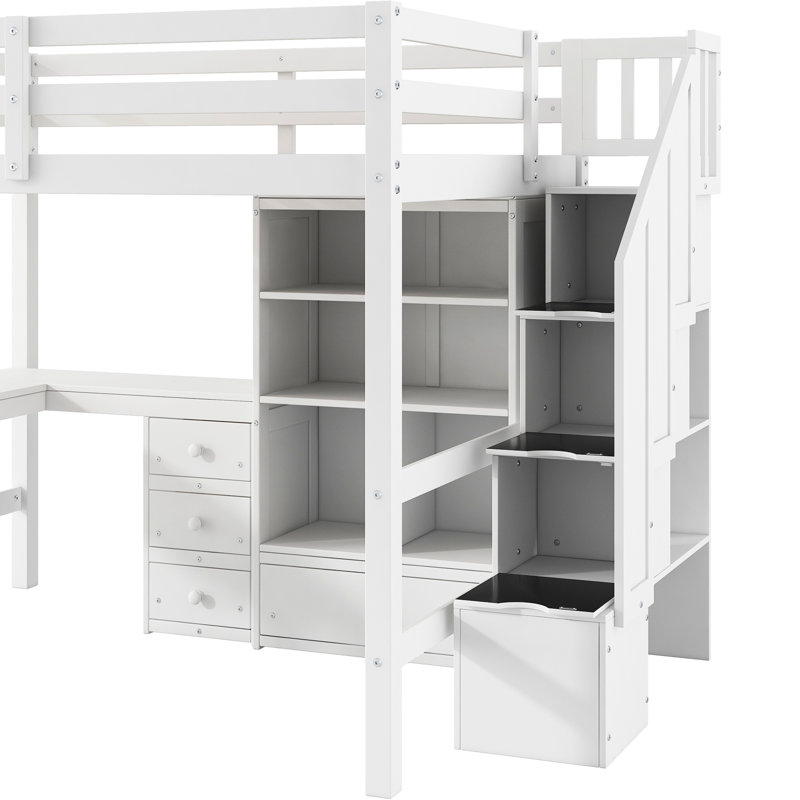 Lit mezzanine double blanc avec bureau en L, tiroirs pratiques, armoire et escalier de rangement compact