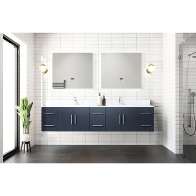 Meuble-lavabo double bleu marine 84 po X P 22 po avec structure en marbre massif et bois massif, système de fermeture en douceur à deux sections spacieuses, six tiroirs et une tablette d'armoire ouverte