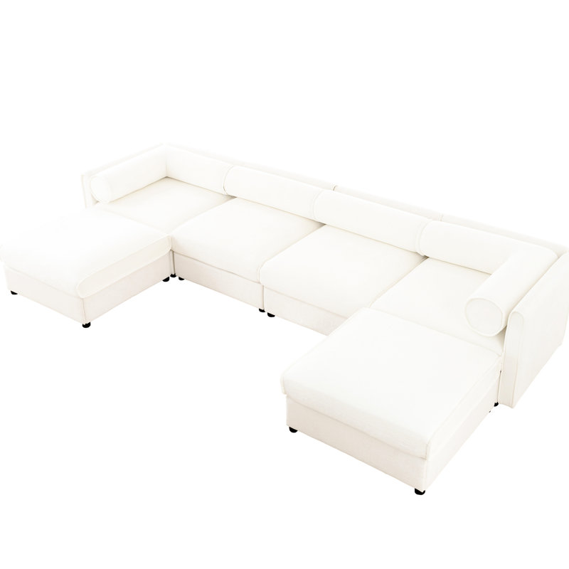 Canapé modulaire blanc avec compartiments de rangement - chenille, assise profonde, cylindrique ergonomique pour le confort