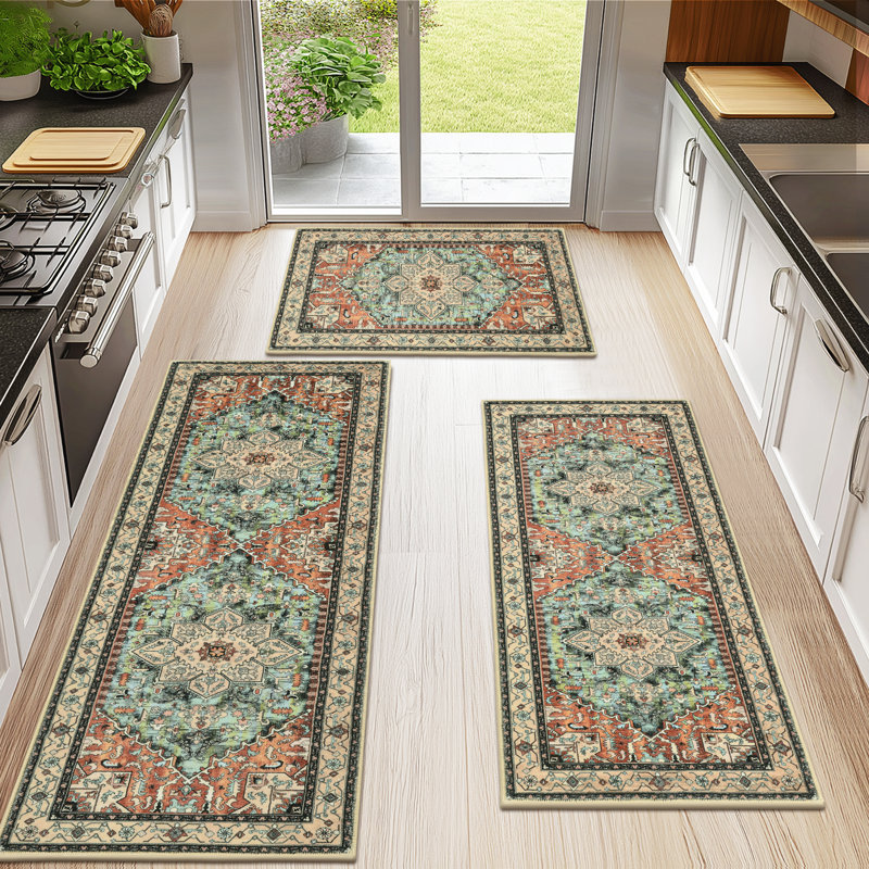 Nylon Pile Non-Slip Washable Kitchen Mat (Set of 3), Orange