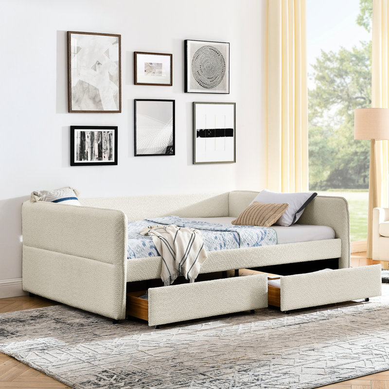 Lit de jour avec lit gigogne, option de rangement de tiroir, grand lit, rembourré, boucle beige, rayures élégantes, expérience d'assise confortable, solution manuelle d'installation facile, rembourrage vertical, marches