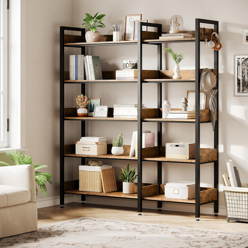 5-Tier Convertible Corner Bookshelf, L-Shaped Industrial Bookcase for Home Office, Living Room, Study
