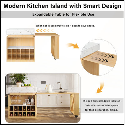 Modern Marble Counter Height Dining Table Extendable Kitchen Island Cart with Wheels Bar Table Adjustable Shelf