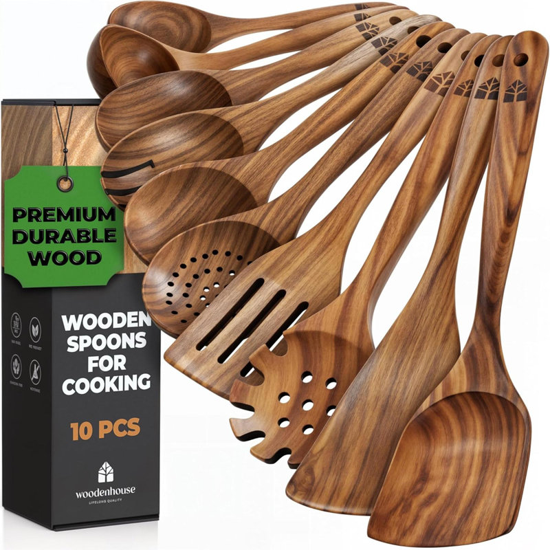 Ensemble de 10 cuillères en bois pour la cuisson - Ensemble d'ustensiles de cuisine en bois pour casseroles et ustensiles antiadhésifs - Bois de teck - Robuste, léger et résistant à la chaleur