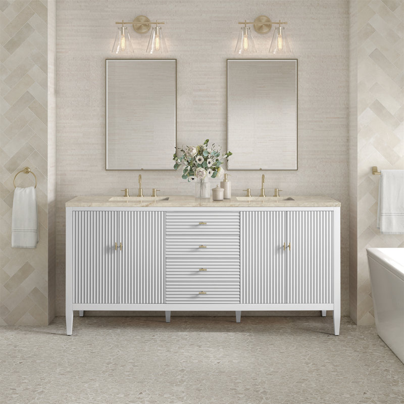 Myrrin 72'' Double Bathroom Vanity with Top, Mid-Century Walnut, White Zeus, 8" Widespread