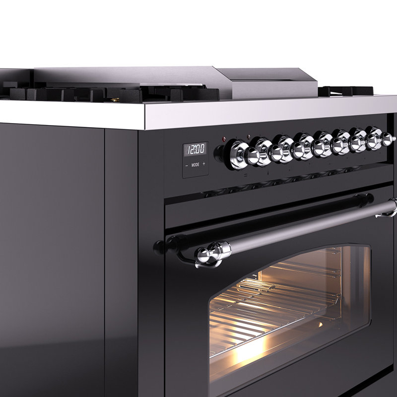 ILVE Nostalgie II 36 Dual Fuel Range, knobs, Glossy Black/Chrome, Liquid Propane
